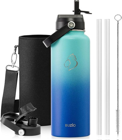 BUZIO Double Wall Stainless Steel Sports Wide Mouth Water Bottle, BPA-Free Flex Cap and Straw Lid, 40 Ounces & 32 Ounces Water Bottle, Sea Breeze