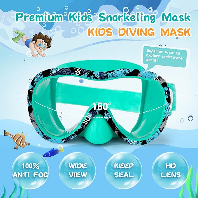 Kids Swim Goggles 180° Snorkel Diving Mask with Nose Cover, Anti-Fog Kids Swimming Goggles with Elastic Fabric Strap for Kids Boys Girls