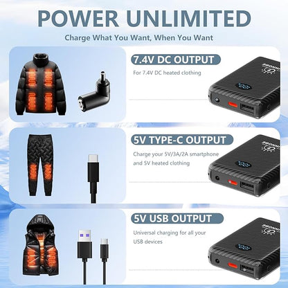 2 Pack Battery Pack Heated Vest for ORORO and Venustas, 7.4V/5V Power Bank for Heated Vest with DC/USB/Type-C Output and LED Display for Heating Clothing and Phones