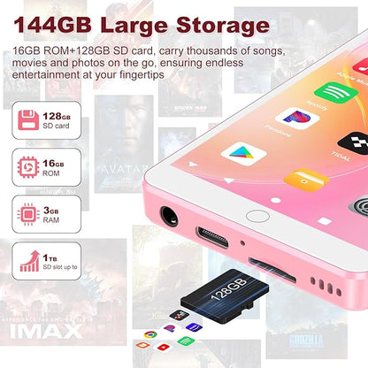 144GB MP3 Player with Bluetooth WiFi, Android 13 OS MP3 MP4 Player with 4" Touchscreen and Speaker, MP3 Music Players with Spotify, Audible, Amazon Music, Play Store (Pink)