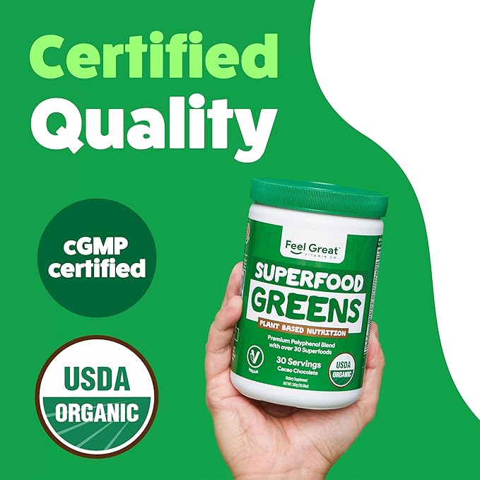 Feel Great Organic Superfood Greens Powder - Cocoa Chocolate | Fruit & Vegetable Supplement | Over 20 Greens, Fruits & Veggies, Fiber, Probiotics & Digestive Enzymes | 30 Servings