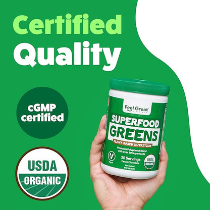 Feel Great Organic Superfood Greens Powder - Cocoa Chocolate | Fruit & Vegetable Supplement | Over 20 Greens, Fruits & Veggies, Fiber, Probiotics & Digestive Enzymes | 30 Servings