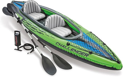 INTEX Challenger Inflatable Kayak Series: Includes Deluxe 86in Kayak Paddles and High-Output Pump – SuperStrong PVC – Adjustable Seat with Backrest – Removable Skeg – Cargo Storage Net