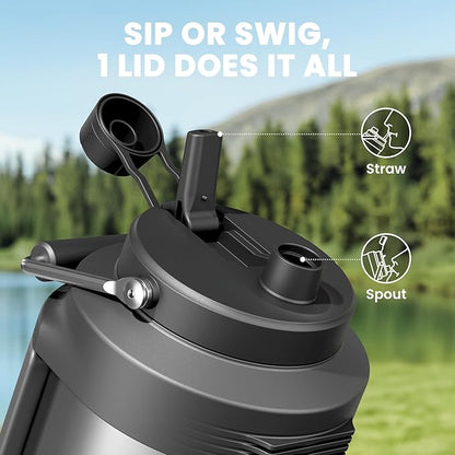 Meoky 1 Gallon Insulated Water Bottle for Travel 128 oz Triple Wall Vacuum Stainless Steel Water Jug - Top and Side Handles, Cold for 48 Hrs, 2-in-1 Straw and Spout Lid, Leak Proof for Work (Silver)