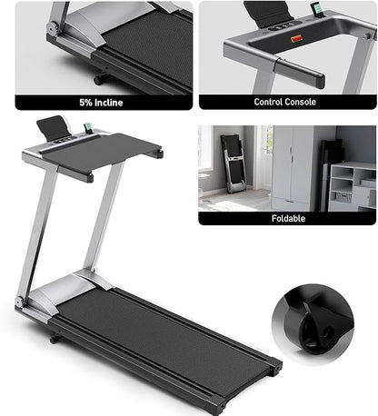 Treadmill with 5% Incline, 300lbs Capacity Folding 15 HP Small Treadmills for Home Portable Running Treadmill with Handles Quiet Brushless Dual Cushion System, Electric Compact Treadmil