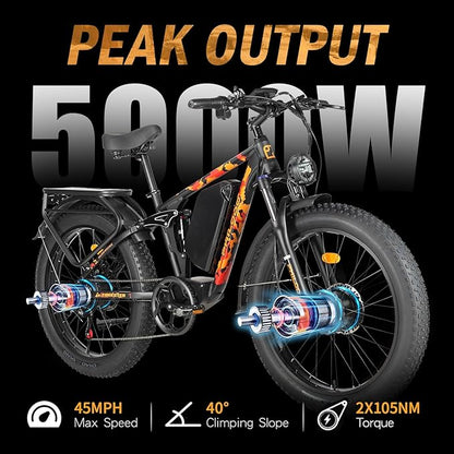 Electric Bike for Adults, 5000W Peak Dual Motor Ebike, 60V 26AH Long Range Dirtbike, 26" Fat Tires for All Terrain Electric-Bicycle, 45MPH-Hunting-Ebike for Off-Road Snow Sand