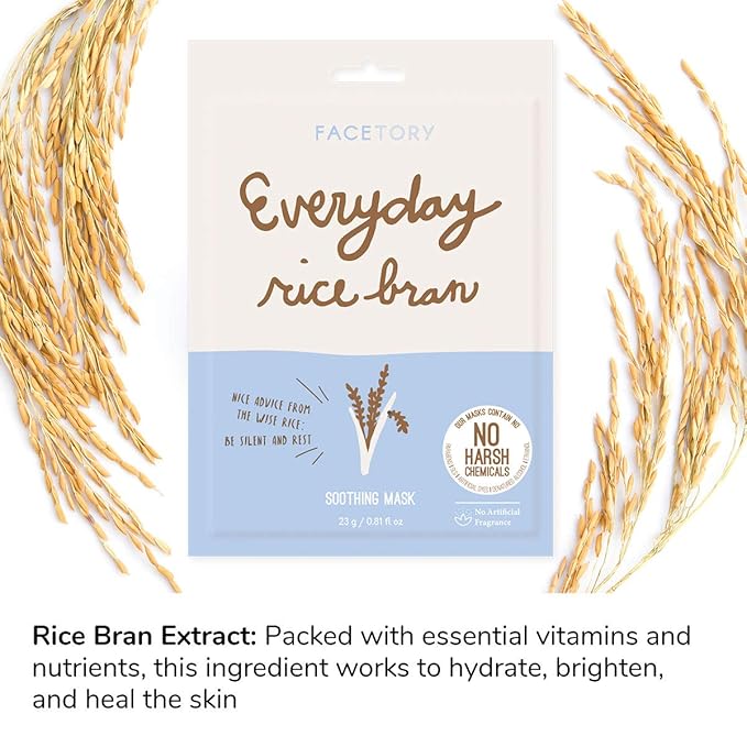 FACETORY K Beauty Face Mask Skin Care - Everyday RICE BRAN Soothing Sheet Mask | Plant-Based Rice Face Mask (10 Pack)
