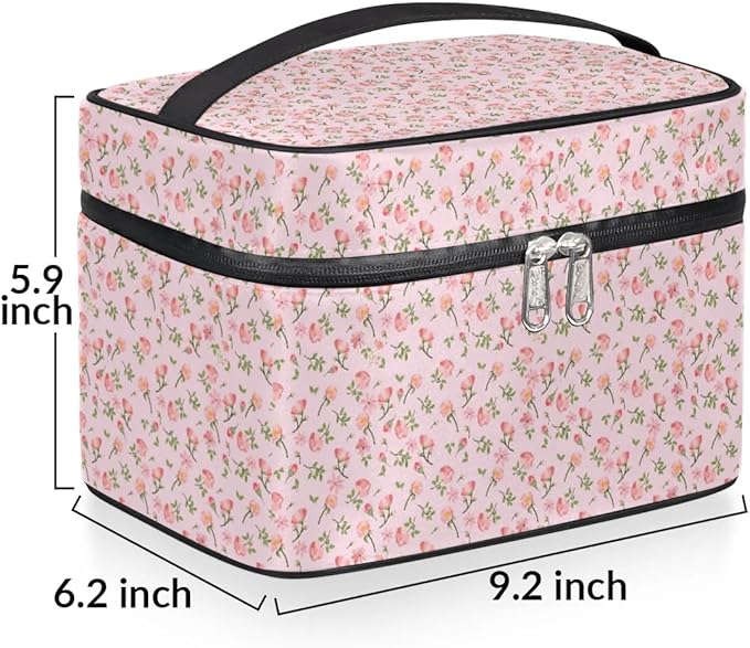Large Makeup Bag Travel Cosmetic Bags for Women Pink Vintage Bohemian Spring Flower Floral Makeup Organizer Case Toiletry Bag for Girls Traveling Wide Open Portable Pouch with Handle
