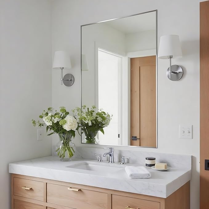 24x36 Inch Nickel Bathroom Mirror for Wall, Aluminum Frame Rectangle Rectangular Vanity Mirror, Modern Large for Bedroom, Living Room, Horizontal or Vertical