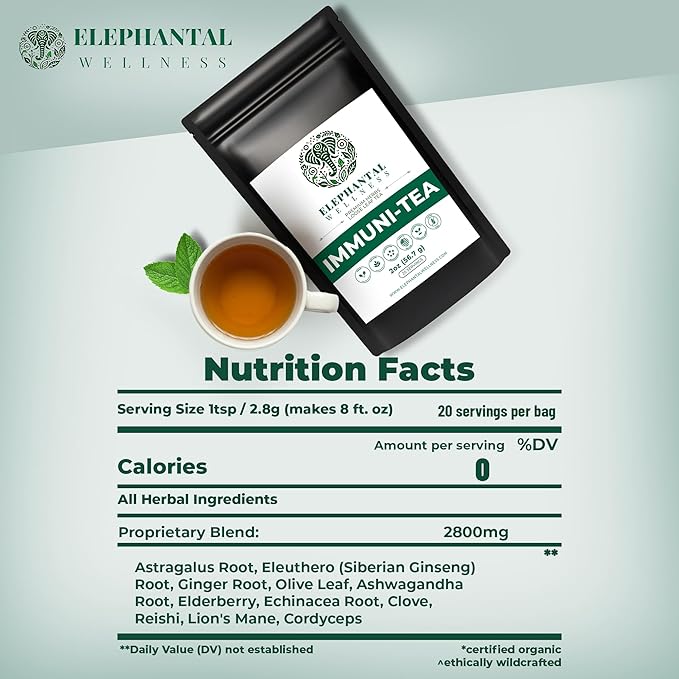 Elephantal Wellness Premium Immuni-Tea | Immune System & Respiratory Support with Reishi, Clove, Echinacea & Elderberry | Handmade, Caffeine-Free, Non-GMO Loose Leaf Blend, 2oz, 20 Servings