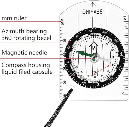 17 Pieces Orienteering Magnetic Compass Adjustable Declination Map