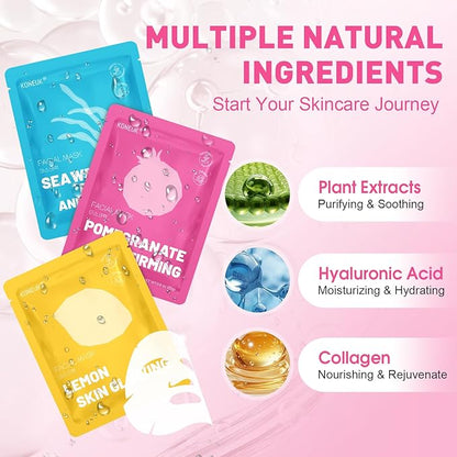 12 Pack Collagen Hydrating Face Masks Skincare, Sheet Face Mask for All Skin Types, Facial Masks Set for Women Skin Care, Face Mask Bulk Spa Gifts for Women
