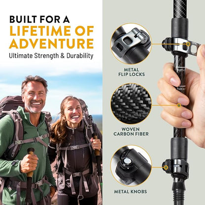 100% Carbon Fiber Trekking Poles by USA Brand - Ultra Strong Lightweight Collapsible Hiking Poles with Cork and EVA Foam Grips & Quick Adjustable Flip Locks