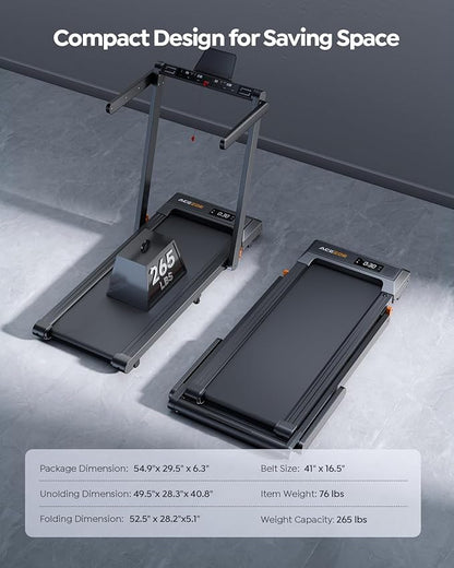 2 in 1 Folding Treadmills for Home Small Office, 2.5HP Walking Pad Treadmill with Handle Bar, 300lbs Capacity, Copmact Protable Treadmill with Smart APPs, 12 HIIT Modes and Touch Screen