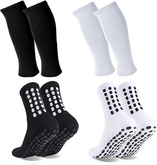 2 Set Grip Soccer Socks and Shin Guard Sleeves Non Slip Soccer Sleeve Socks for Men Women
