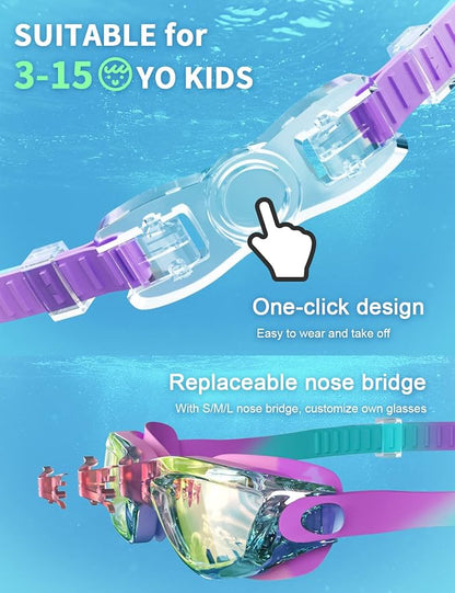 Kids Swim Goggles, Swimming Goggles for Kids with Nose Clip, Earplugs, Nose Bridge for Age 3-15