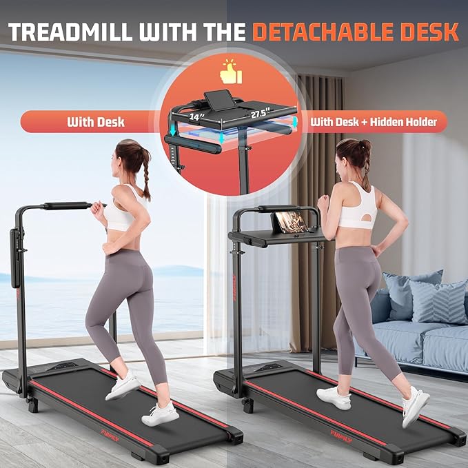 Walking Pad Treadmill with Desk Workstation, 10% Incline Foldable Treadmill with Handrail, 300lbs Capacity, 3 Control Methods, 8 in 1 Folding Treadmills for Home Office