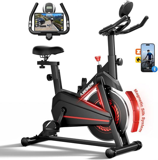 Exercise Bike, Adjustable Magnetic Resistance Stationary Bikes for Home with App Compatible, Indoor Cycling Bike with 300lbs Capacity Compact, Extra Comfort Seat & Tablet Mount