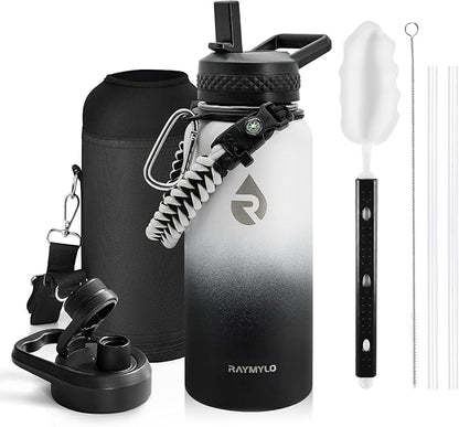 Insulated Water Bottle 32 oz, Triple Wall Vacuum Stainless Steel (Cold for 48 Hrs), Leak Proof & Non-BPA, Modern Water Flask Jug with Paracord Handle & Straw Spout Lids, Ombre: White/Black