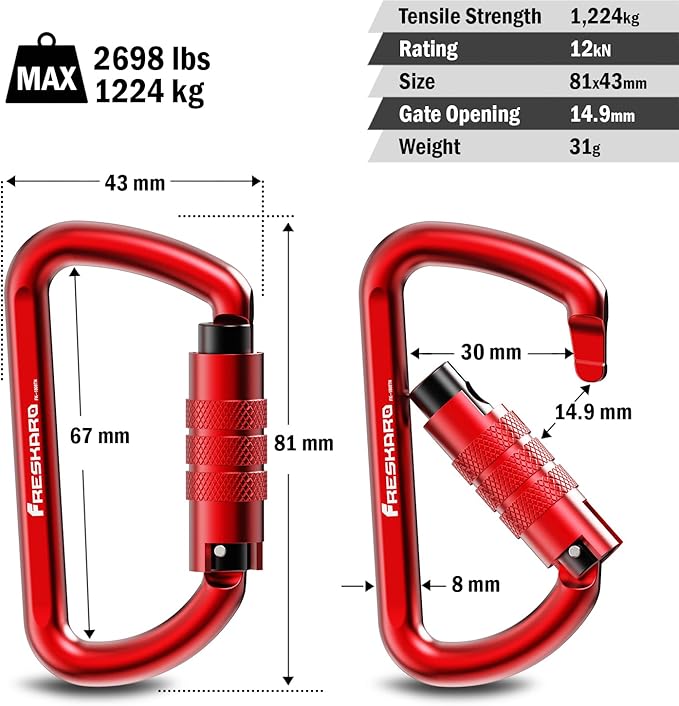 FresKaro 3inch 12kN-2698lbs Auto Locking Carabiner Clips, Solid D Shape, Heavy Duty 7075 Aluminum, Lightweight 1.09oz, Rust Proof, for Hammock, Hiking, Dog Leash, Keychain etc., Multi-Colors