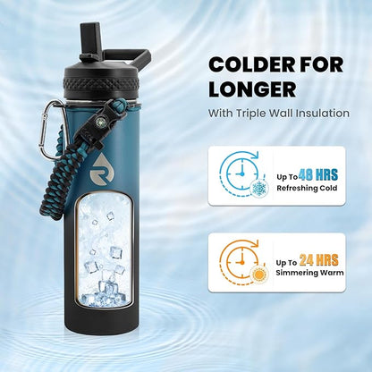 Insulated Water Bottle 20 oz, Triple Wall Vacuum Stainless Steel (Cold for 48 Hrs), Leak Proof & Non-BPA, Kids Water Bottle Jug for School with Straw Spout Lids, Indigo/Black