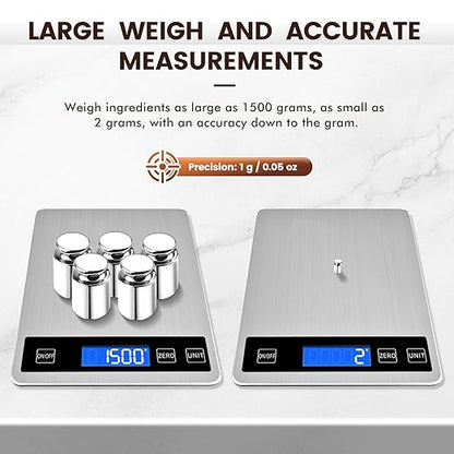 33lb Food Scale, Digital Kitchen Scale Batteries and USB Charging,1g/0.05oz Precise Graduation, Waterproof Stainless Steel with LCD Display Weight Grams and oz for Cooking Baking (Stainless Steel)