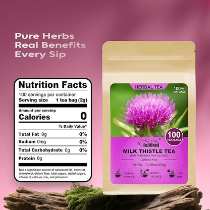 FullChea - Milk Thistle Tea Bags, 100 Count - Natural Liver Support & Detox - Premium Milk Thistle Seed - Caffeine-free Herbal Tea