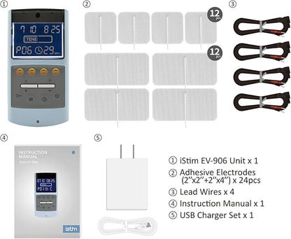 iStim TENS EMS Muscle Stimulator, EV-906 for Pain Relief and Muscle Strengthening, Japanese Gelled Electrodes Included