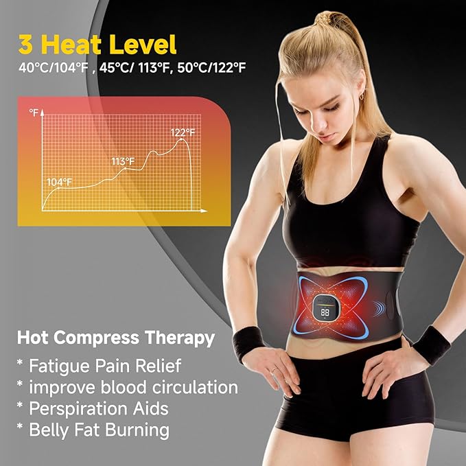 FDA Cleared - Heated EMS Abs Stimulator Abdominal , Ab Stimulator Muscle Toner with Heat for Belly Fat loss, ab belt muscle stimullator for Stomach Smooth & Firming, Fitness Workout for Home/Gym Use