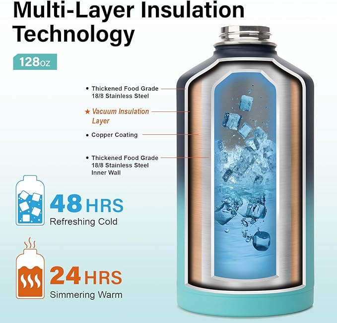 1 Gallon Water Bottle Insulated | Thickened Stainless Steel Vacuum Metal Water Jug | Portable Sports Large for Gym and Hiking with Straw, Carrier Bag, Handle Strap | BPA-Free 128 oz