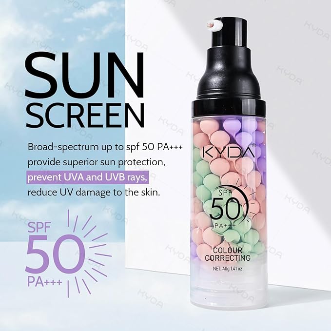 KYDA 2PCS Color Correcting Primer,SPF Makeup 50 PA+++,Color Correcting Serum, Moisturizing Makeup Primer, One Step Brightening Primer to Even Skin Tone, Oil Control Skin Corrector,Purple Pink Green