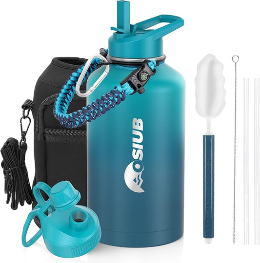 Insulated Water Bottle 64 oz, Triple Wall Vacuum Stainless Steel(Cold for 48 Hrs),Leak Proof & BPA-Free,Half Gallon Water Bottle with Reflective Paracord & Flip Straw for Sports & Travel, CyanBlue