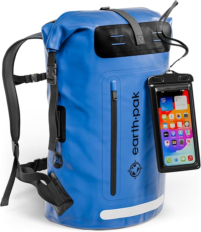 Earth Pak Waterproof Backpack - Heavy Duty Hiking Backpack - Roll-Top Closure Bag - Cushioned Dry Bag Waterproof Phone Case