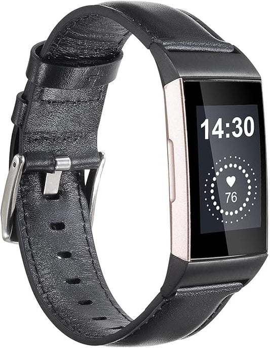 Leather Bands Compatible for Fitbit Charge 4/ Charge 3/ Charge 3 SE Fitness Tracker, Genuine Leather Band Replacement Strap Wristband Accessories for Women Men