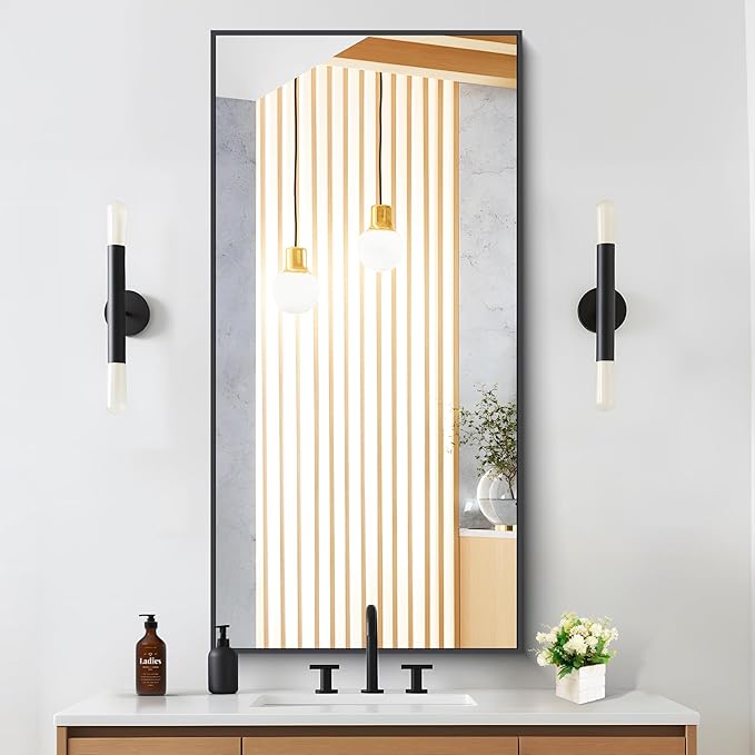 Black Bathroom Mirror for Wall, 24x48 Inch Rectangle Mirrors with Metal Frame, Modern Vanity Wall Mirror Decor for Entryway Hangs, Bathroom Living Room Horizontal or Vertical