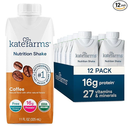 KATE FARMS Organic Nutrition Shake, Coffee, 16g protein, 27 Vitamins and Minerals, Protein Meal Replacement Drink, Protein Shake, 11 oz (12 Pack)