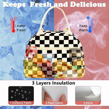 FlowFly Lunch Bag for Women Insulated Lunch Box Corduroy Lunch Tote Cooler for Travel Work Picnic,Corduroy Plaid Black