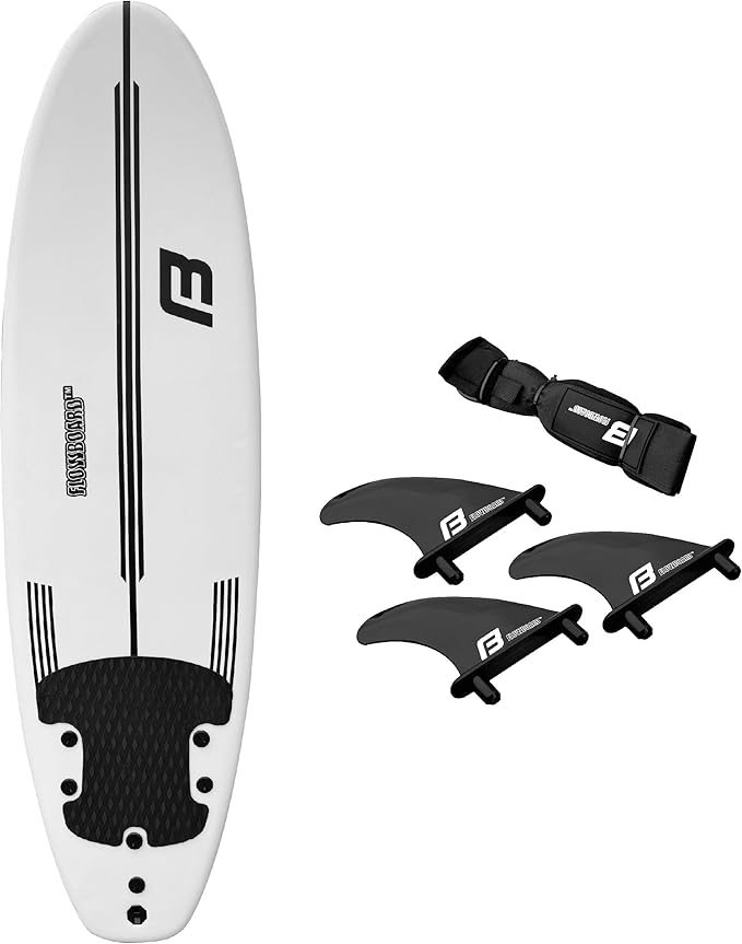 FLOWBOARD Surfboard Softboard Foam - Include (3) Fins 6’ Foot Leash and (2) Wood Stringers Inside Board Availalable in 6' and 7' Short Board and 8' Longboard