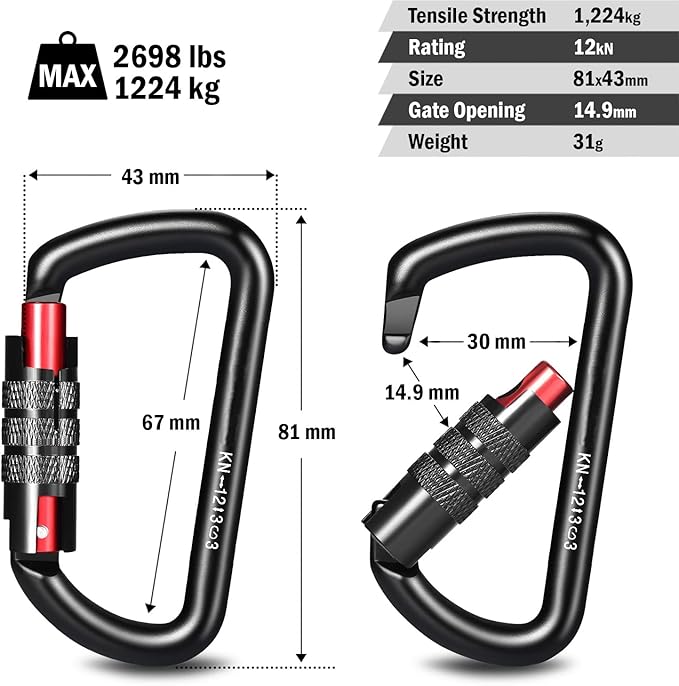 FresKaro 3inch 12kN-2698lbs Auto Locking Carabiner Clips, Solid D Shape, Heavy Duty 7075 Aluminum, Lightweight 1.09oz, Rust Proof, for Hammock, Hiking, Dog Leash, Keychain etc., Multi-Colors