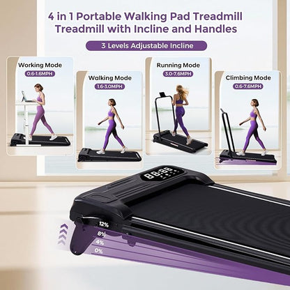 Portable Foldable Walking Pad with Handle Bar and Adjustable Incline, Under Desk Walking Pads Treadmill with Incline and Handles, 3.5HP Folding Electric Treadmills for Home Small, 0.6-7.6MPH, 350LBS