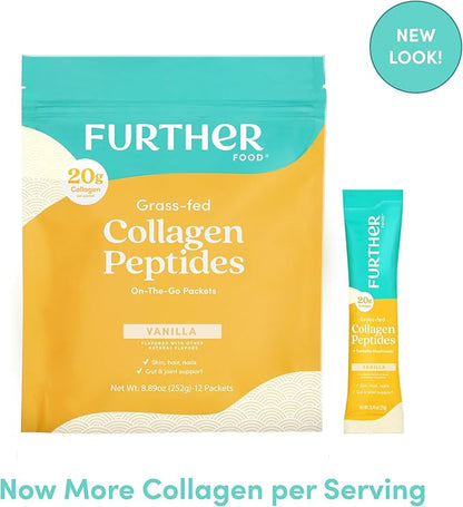 Further Food Vanilla Collagen Peptides Powder Stick Packs, Grass-Fed Pasture-Raised Hydrolyzed Type 1 & 3 Protein, Gut Health + Joint, Hair, Skin, Nails, Paleo Keto Sugar-Free 8.89 oz