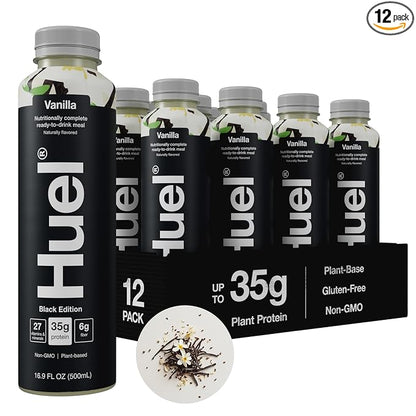 Huel Black Edition Ready-to-Drink | Vanilla Meal Replacement Shake | 35g High Protein Drink | 27 Vitamins & Minerals, Vegan, Gluten Free | Plant Based | High Fiber, Low Sugar | 16.9 Fl Oz, 12 Pack