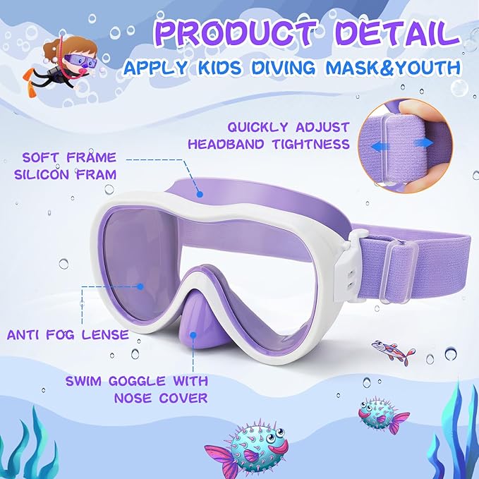 Kids Swim Goggles 180° Snorkel Diving Mask with Nose Cover, Anti-Fog Kids Swimming Goggles with Elastic Fabric Strap for Kids Boys Girls