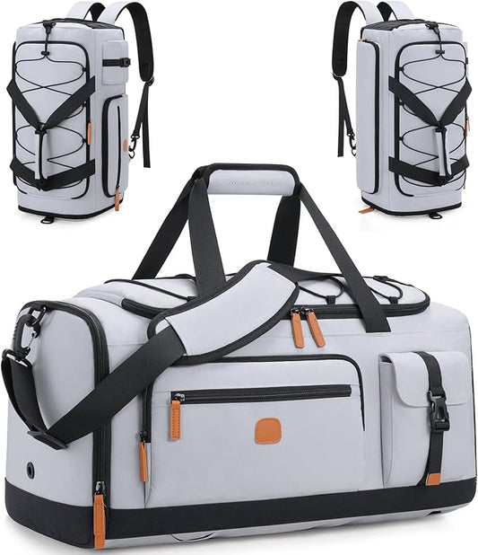 Gym Bag for Men and Women with Shoe & Laptop Compartment, 3-in-1 Sports Travel Duffel Bag Anti-Theft Weekender Carry-On Backpack for Airplane & Workout, Overnight Travel Bag,35L (Light Grey, Medium)
