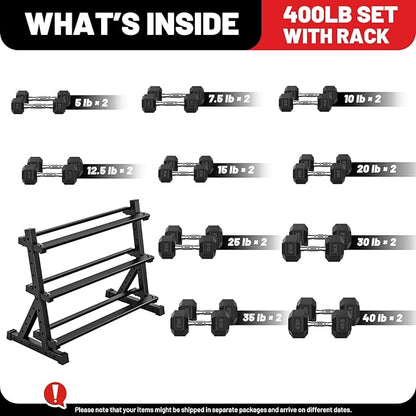 PAPABABE Hex Dumbbell Set with Rack, Rubber Encased Free Weight with Weight Storage Racks, Multiple Weight Options for Home Gym and Fitness