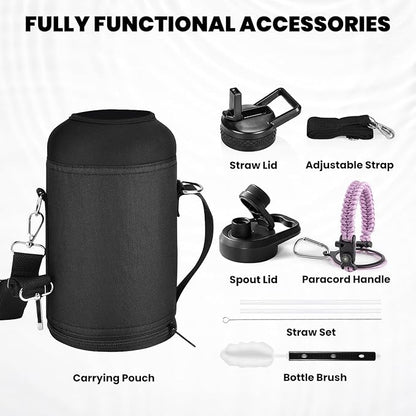 Insulated Water Bottle 64 oz, Triple Wall Vacuum Stainless Steel (Cold for 48 Hrs), Leak Proof & Non-BPA, Half Gallon Water Flask Jug with Paracord Handle & Straw Spout Lids, Lilac