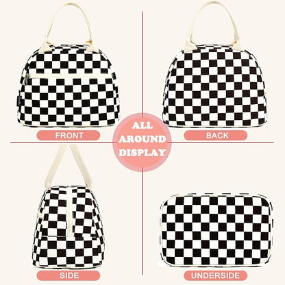 FlowFly Lunch Bag for Women Insulated Lunch Box Corduroy Lunch Tote Cooler for Travel Work Picnic,Corduroy Plaid Black