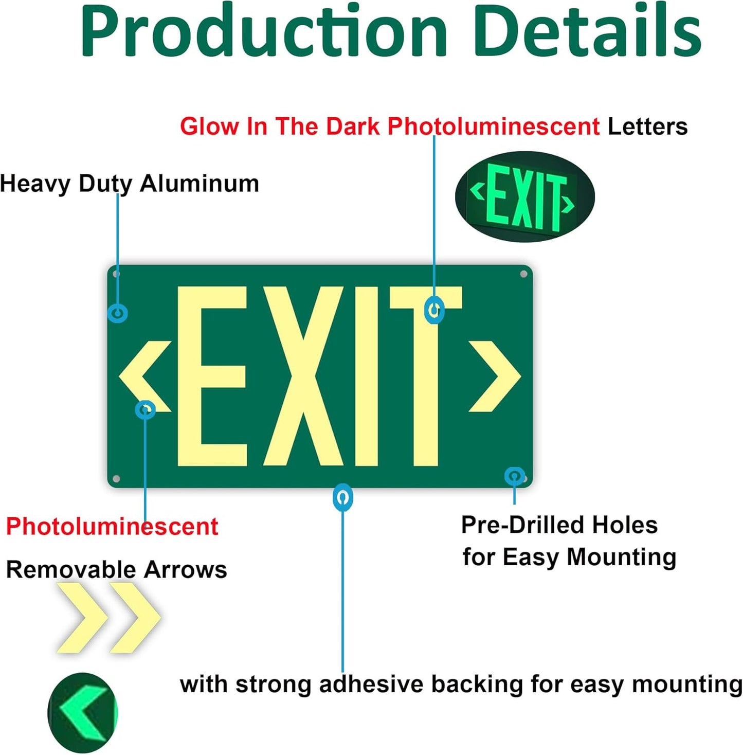 (2Pack) Photoluminescent Exit Sign, Glow In The Dark Aluminum Exit Sign Green - Adhesive Backing - 4pcs Removable Arrows Included - 14.25 x 7.5 Inches - Non Electrical Exit For 50 Feet Visibility