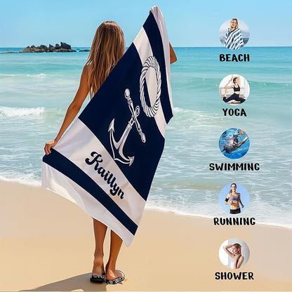JML Personalized Beach Towel with Name, Custom Anchor Beach Towel, Customized Microfiber Pool Towel, Quick Dry & Absorbent Swim Towel for Adult,Mother's Day, Birthday, Summer Holiday,Vacation