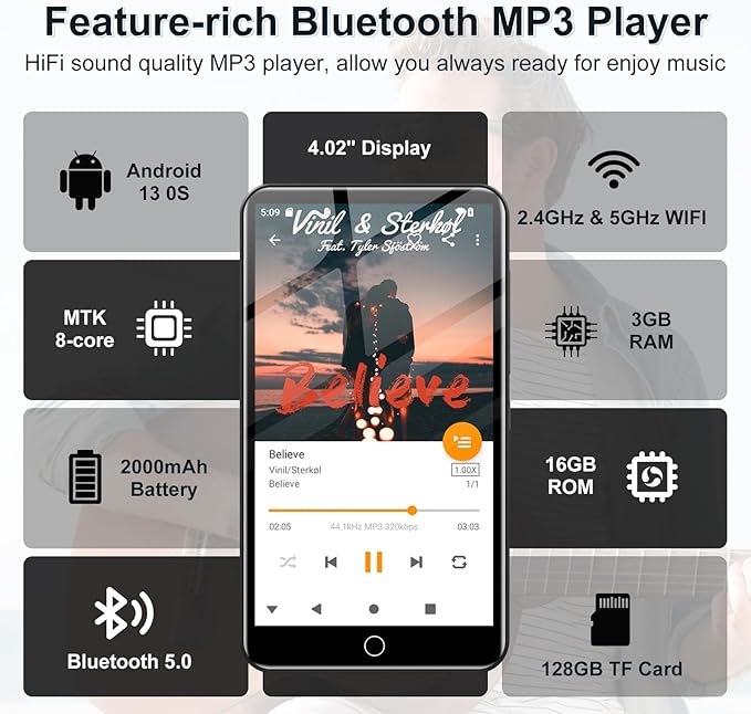 144GB MP3 Player with Bluetooth and WiFi, Android 13 OS MP3 & MP4 Players with 4" Touchscreen and Speaker, Spotify Music Players with Pandora, Audible, Amazon Music, Play Store